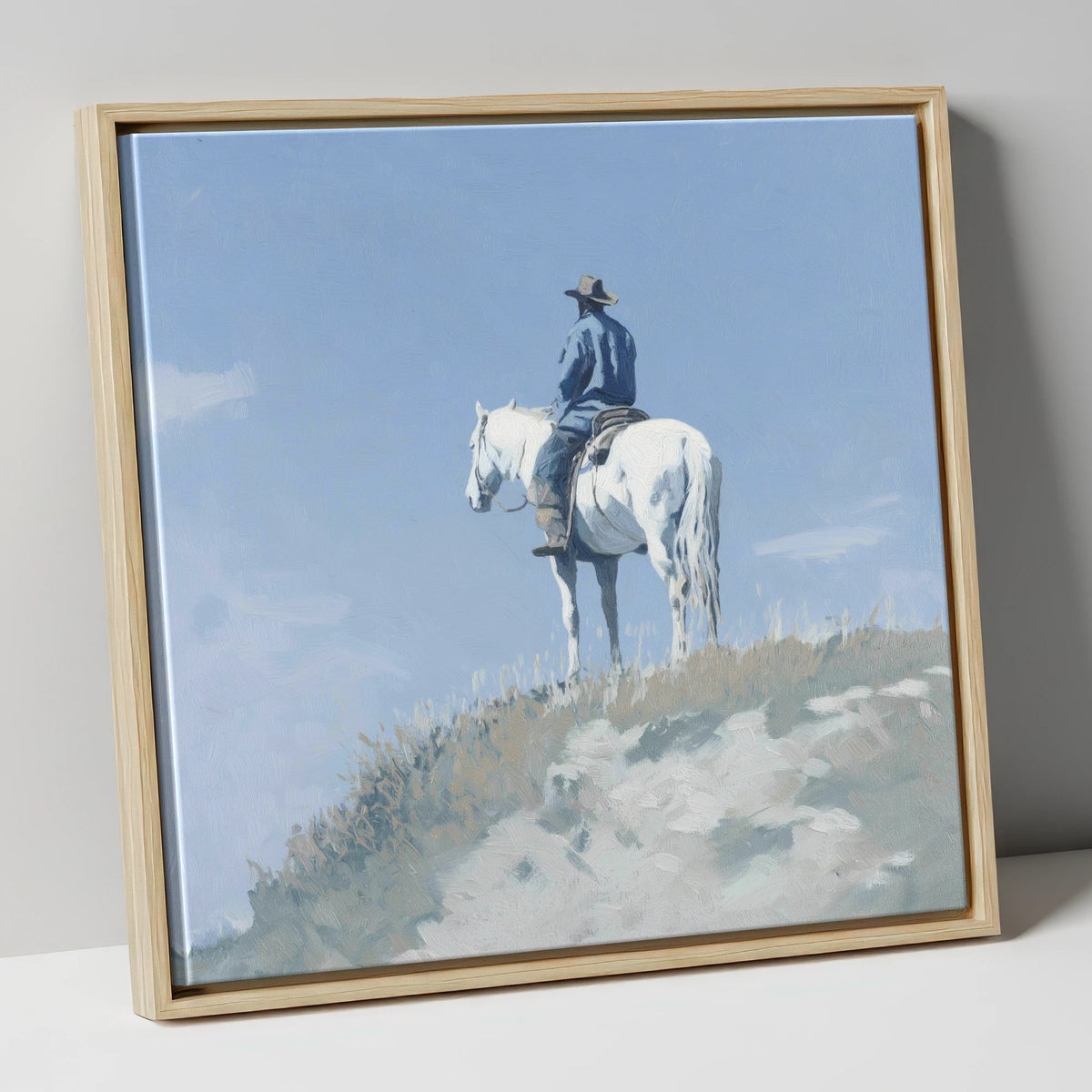 Lone Cowboy on White Horse western horse canvas wall art in natural frame