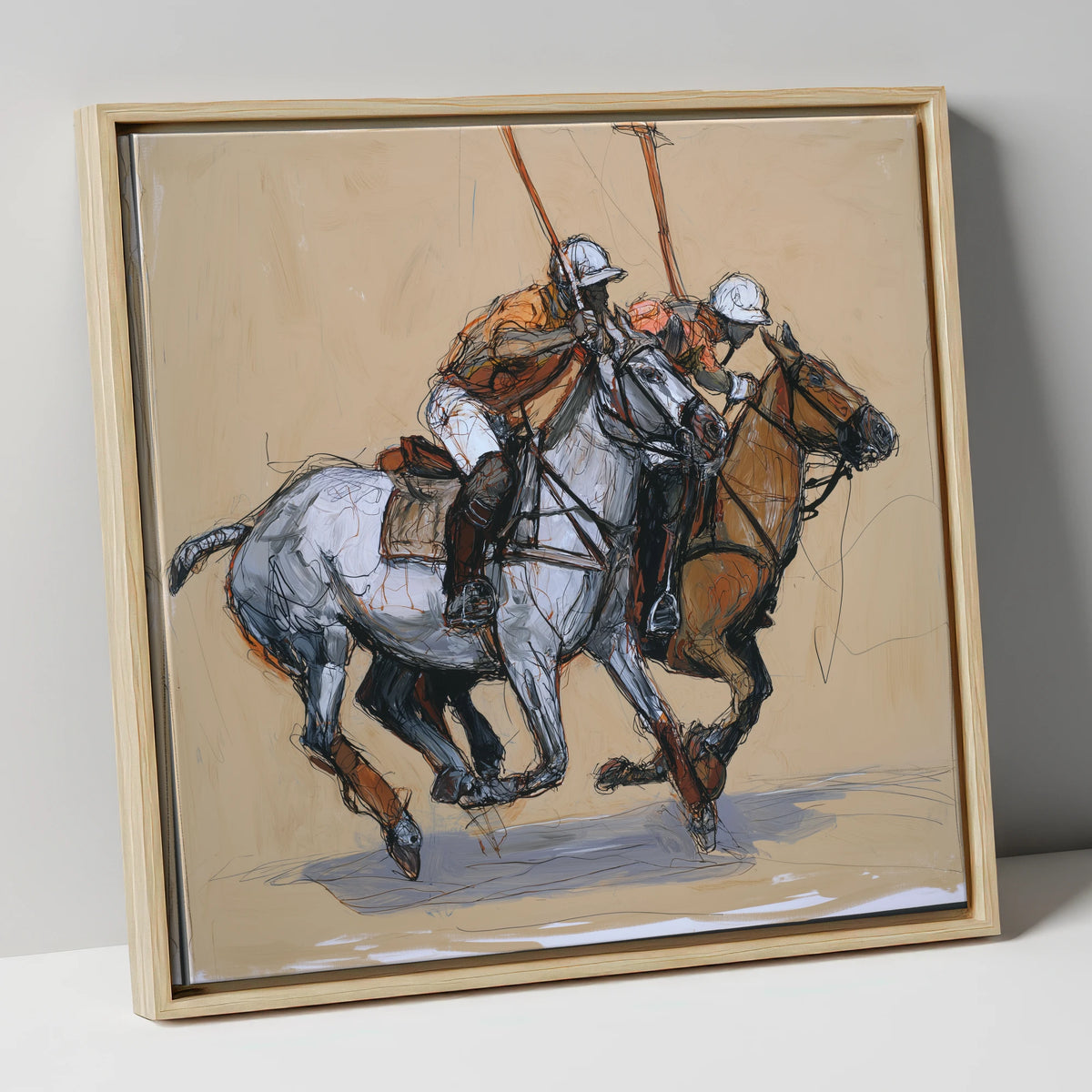 The Midfield Duel polo horse canvas wall art in natural frame