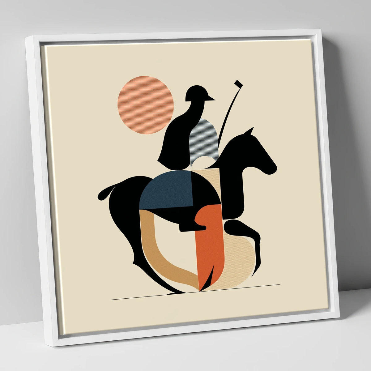 Mid-Century Polo Match polo horse canvas wall art in white frame