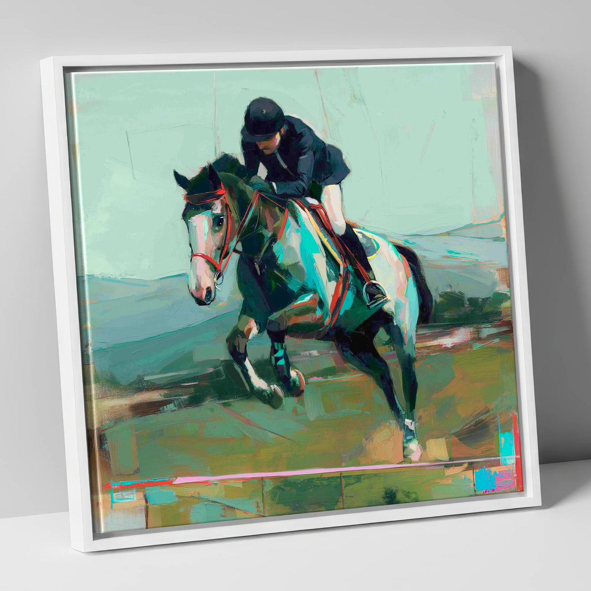 The Bold Clear show jumping horse canvas wall art in white frame