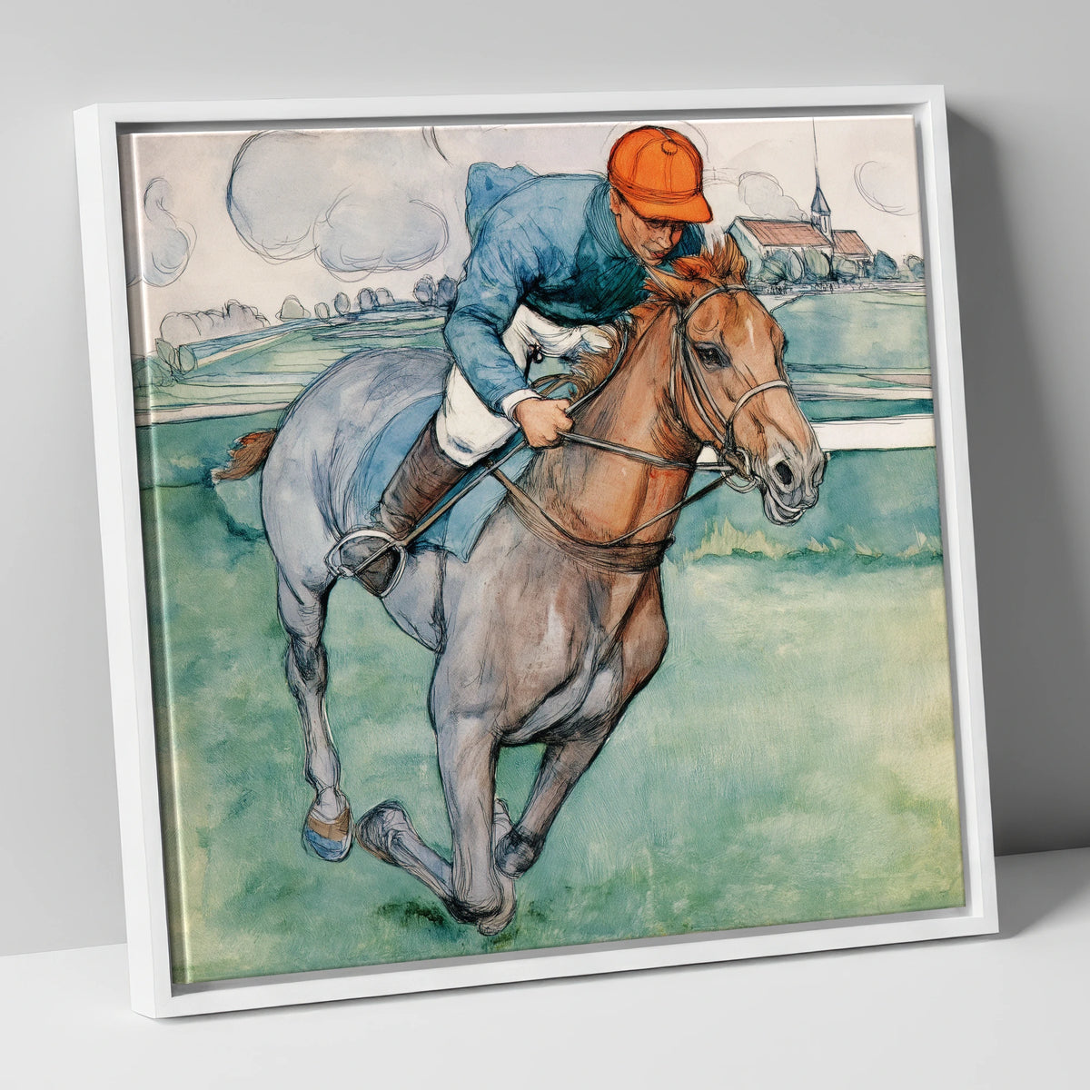 Galloping Racehorse and Blue Jockey racing horse canvas wall art in white frame