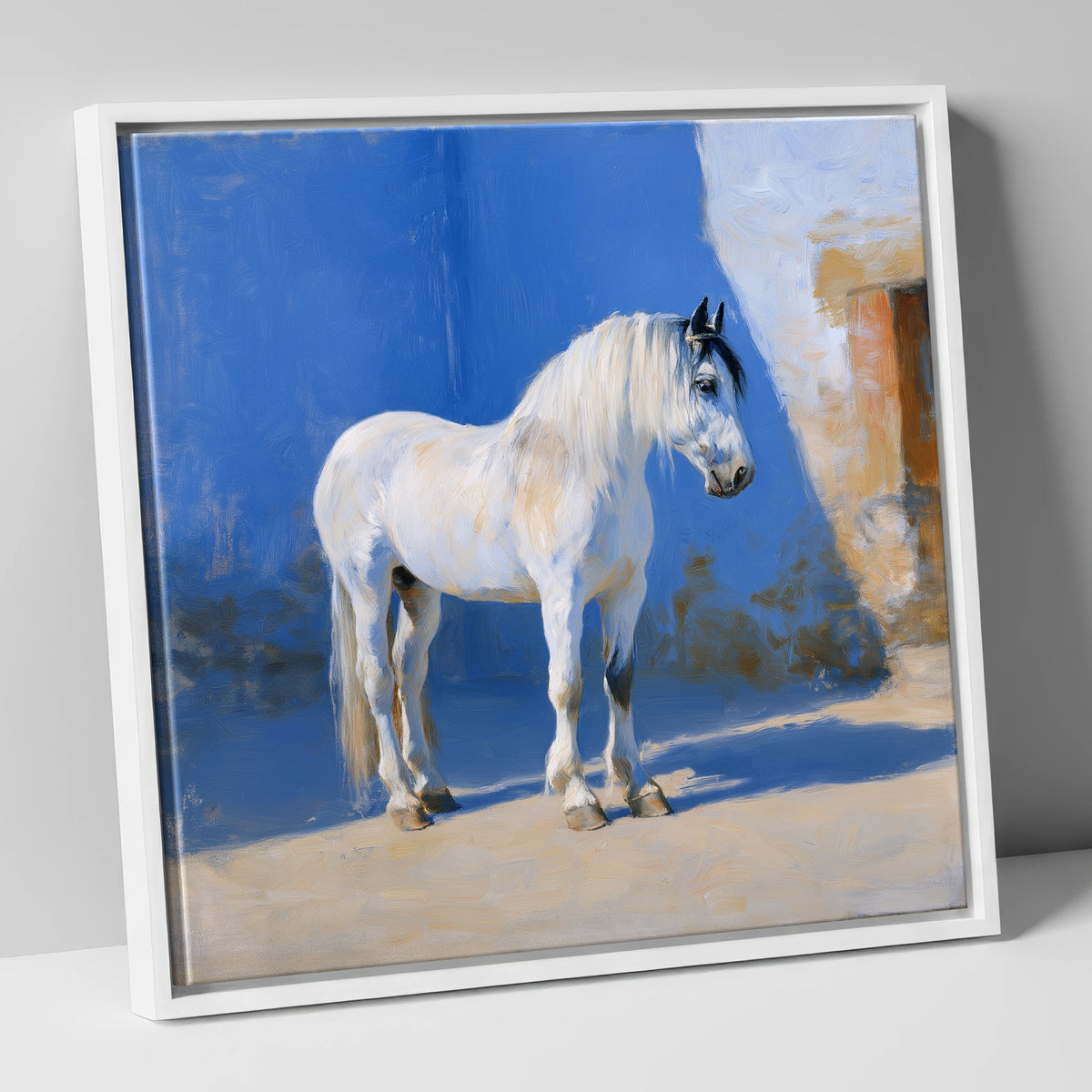 Luminous Sunlit Grey horse breed canvas wall art in white frame
