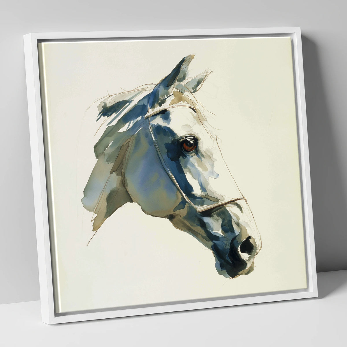 Sapphire Gaze in Indigo horse portrait canvas wall art in white frame