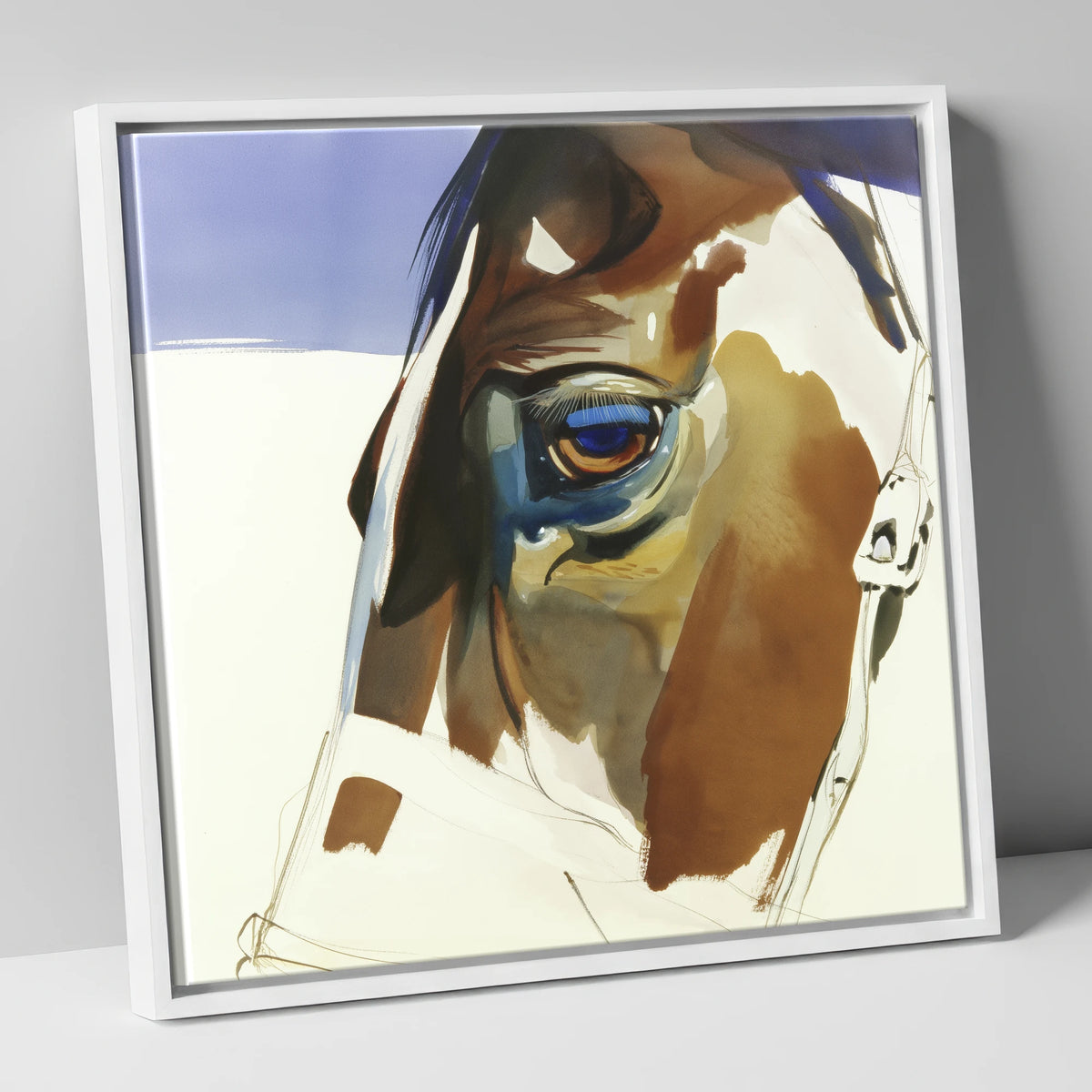 The Indigo Gaze horse portrait canvas wall art in white frame