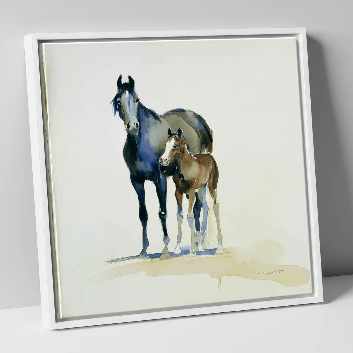 Watchful Bond mare & foal canvas wall art in white frame