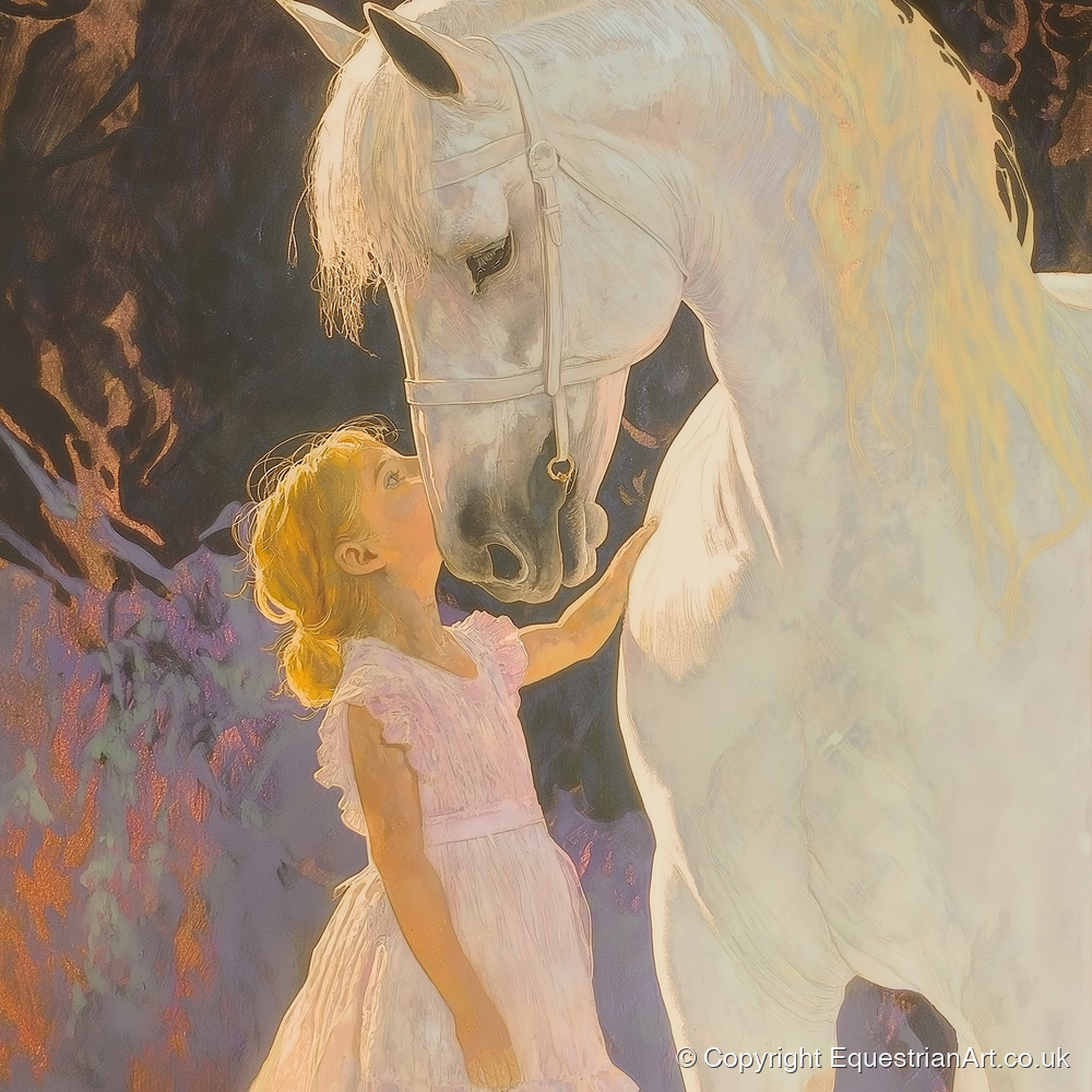 A Gentle Connection - horse & rider art print and canvas by Isobel Hawthorn A.I
