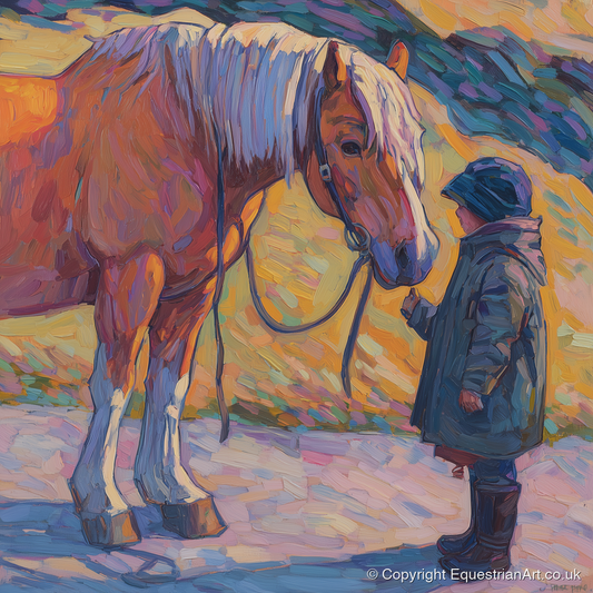 A Gentle Exchange - horse & rider art print and canvas by Celia Harding A.I