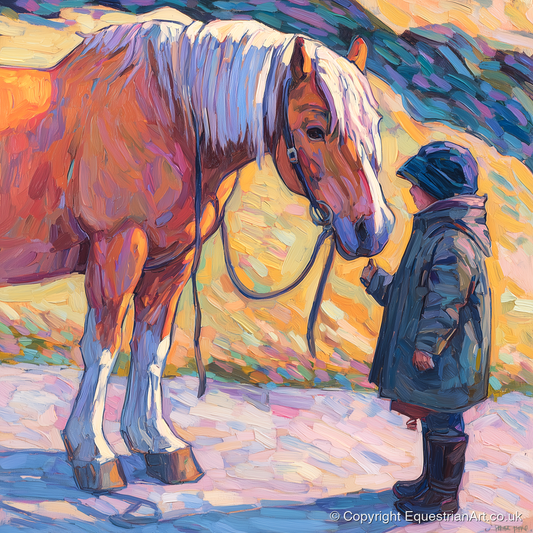 A Gentle Exchange - horse & rider art print and canvas by Celia Harding A.I