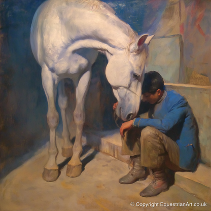 A Moment of Solace - horse & rider art print and canvas by Alistair Rhodes A.I