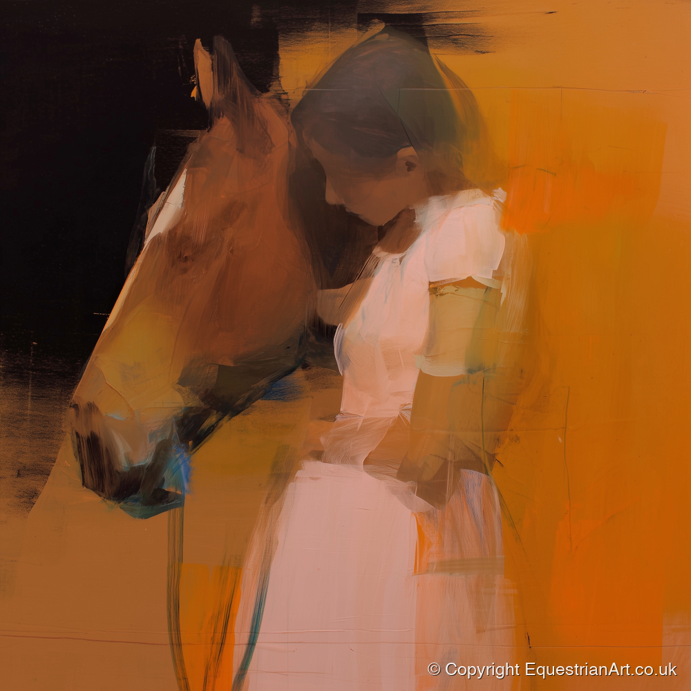 A Quiet Connection - horse & rider art print and canvas by Valerie Stone A.I