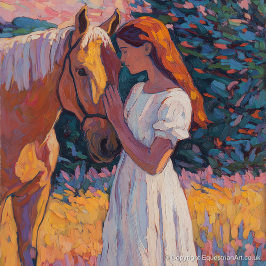 A Quiet Connection - horse & rider art print and canvas by Celia Harding A.I