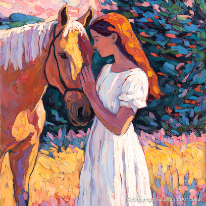 A Quiet Connection - horse & rider art print and canvas by Celia Harding A.I