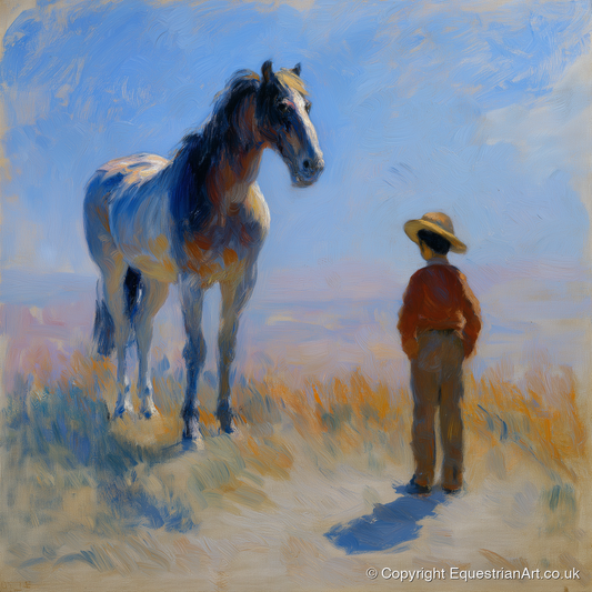 A Quiet Understanding - horse & rider art print and canvas by Gabriel Hayes A.I