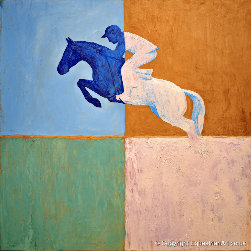 Abstract Cobalt Leap - show jumping horse art print and canvas by Lydia Thornton A.I