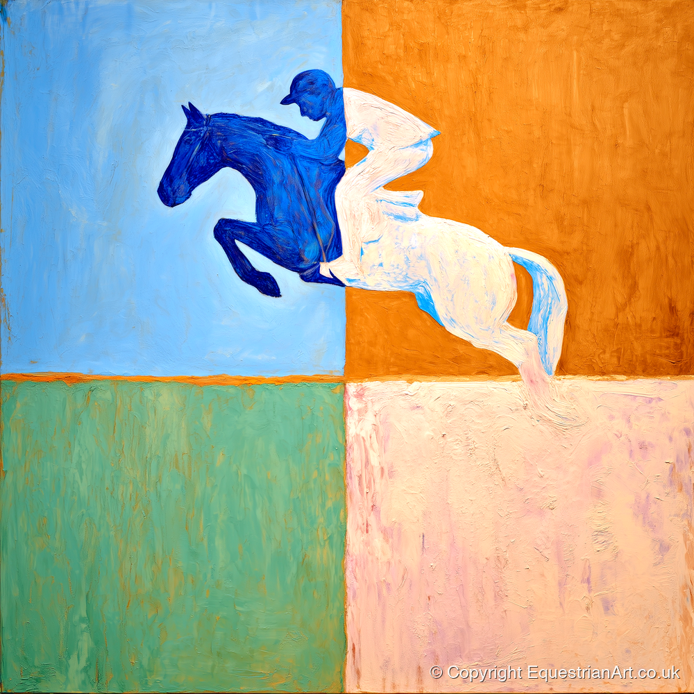 Abstract Cobalt Leap - show jumping horse art print and canvas by Lydia Thornton A.I