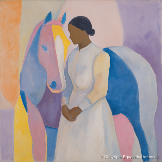 Abstract Equine Harmony - horse & rider art print and canvas by Iris Pelham A.I