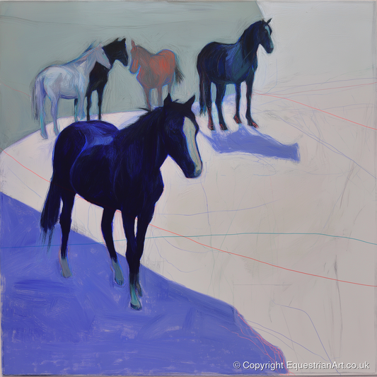 Abstract Herd in Blue - wild horses art print and canvas by Marcus Vane A.I