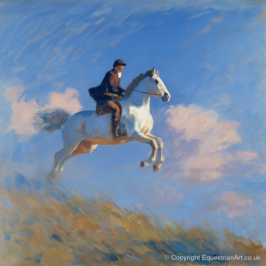 Airborne Against Blue - show jumping horse art print and canvas by Gabriel Hayes A.I