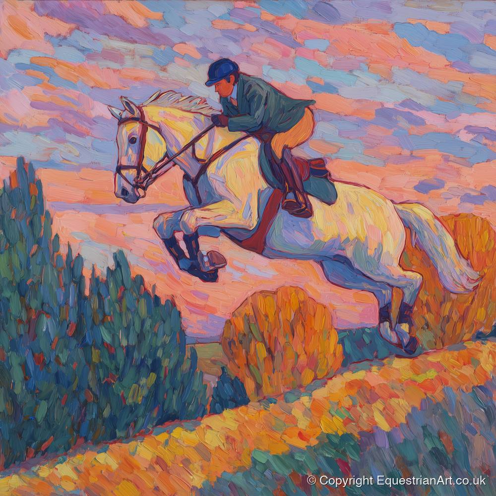Airborne at Dusk - show jumping horse art print and canvas by Celia Harding A.I