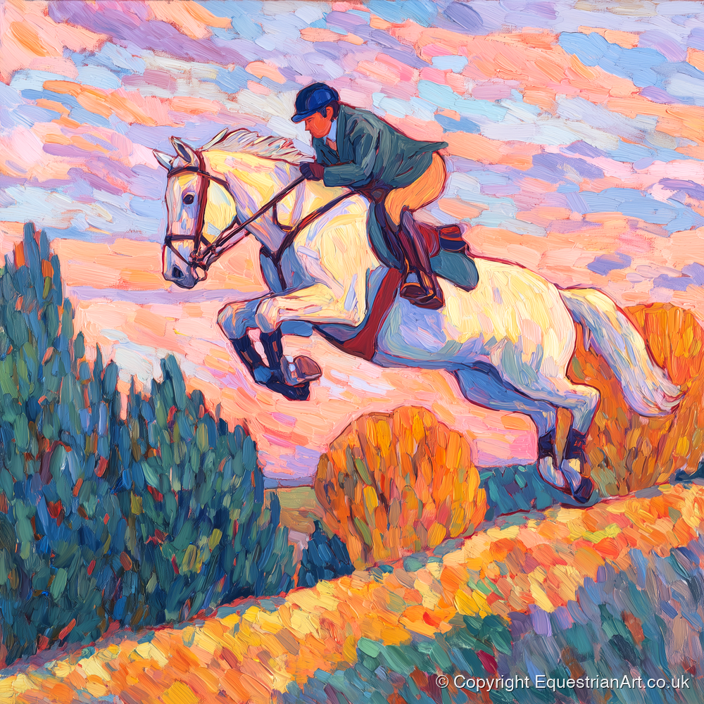 Airborne at Dusk - show jumping horse art print and canvas by Celia Harding A.I