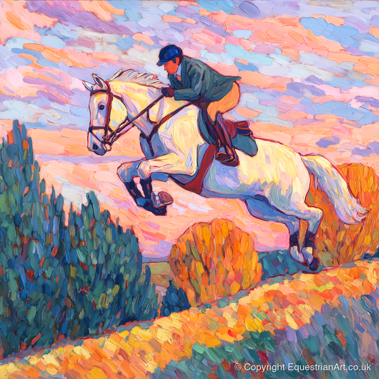 Airborne at Dusk - show jumping horse art print and canvas by Celia Harding A.I