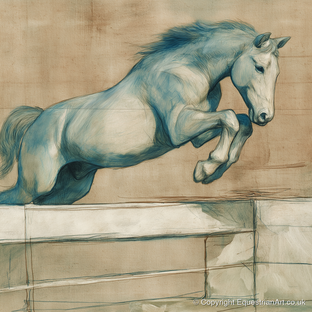 Airborne Grace - show jumping horse art print and canvas by Clara Pemberton A.I