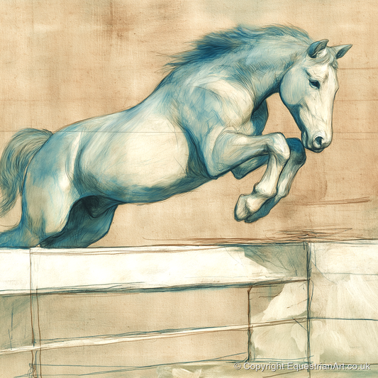Airborne Grace - show jumping horse art print and canvas by Clara Pemberton A.I