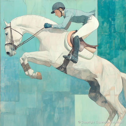 Airborne in Aquamarine - show jumping horse art print and canvas by Flora Whitby A.I