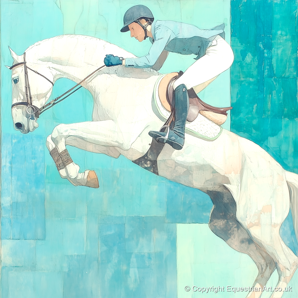 Airborne in Aquamarine - show jumping horse art print and canvas by Flora Whitby A.I