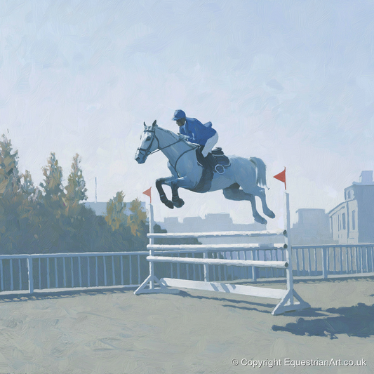 Airborne in Blue - show jumping horse art print and canvas by Oscar Pendleton A.I