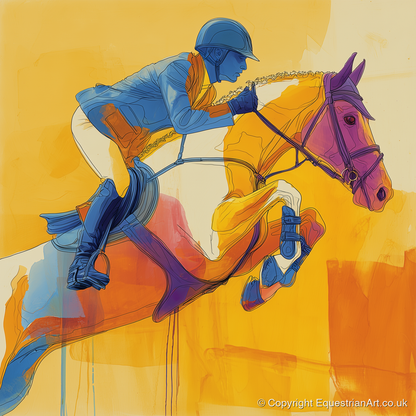 Airborne in Cobalt - show jumping horse art print and canvas by Tobias Blake A.I
