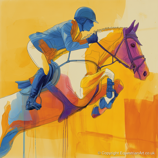 Airborne in Cobalt - show jumping horse art print and canvas by Tobias Blake A.I