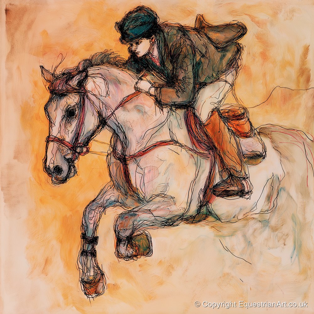 Airborne in Ochre - show jumping horse art print and canvas by Clementine Villiers A.I