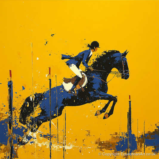 Airborne in Ochre - show jumping horse art print and canvas by Lachlan St. Clair A.I