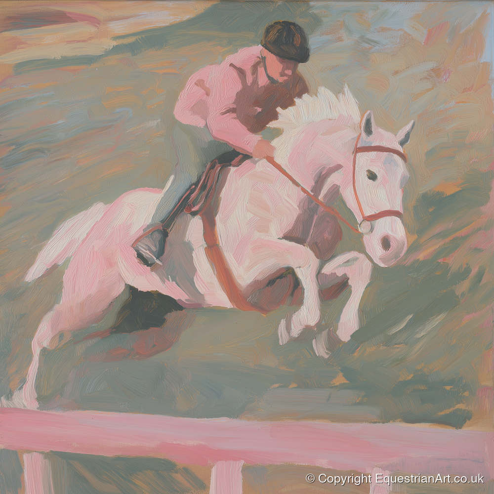 Airborne in Pastel - show jumping horse art print and canvas by Florence Hadley A.I