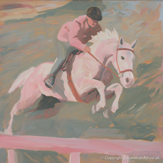 Airborne in Pastel - show jumping horse art print and canvas by Florence Hadley A.I