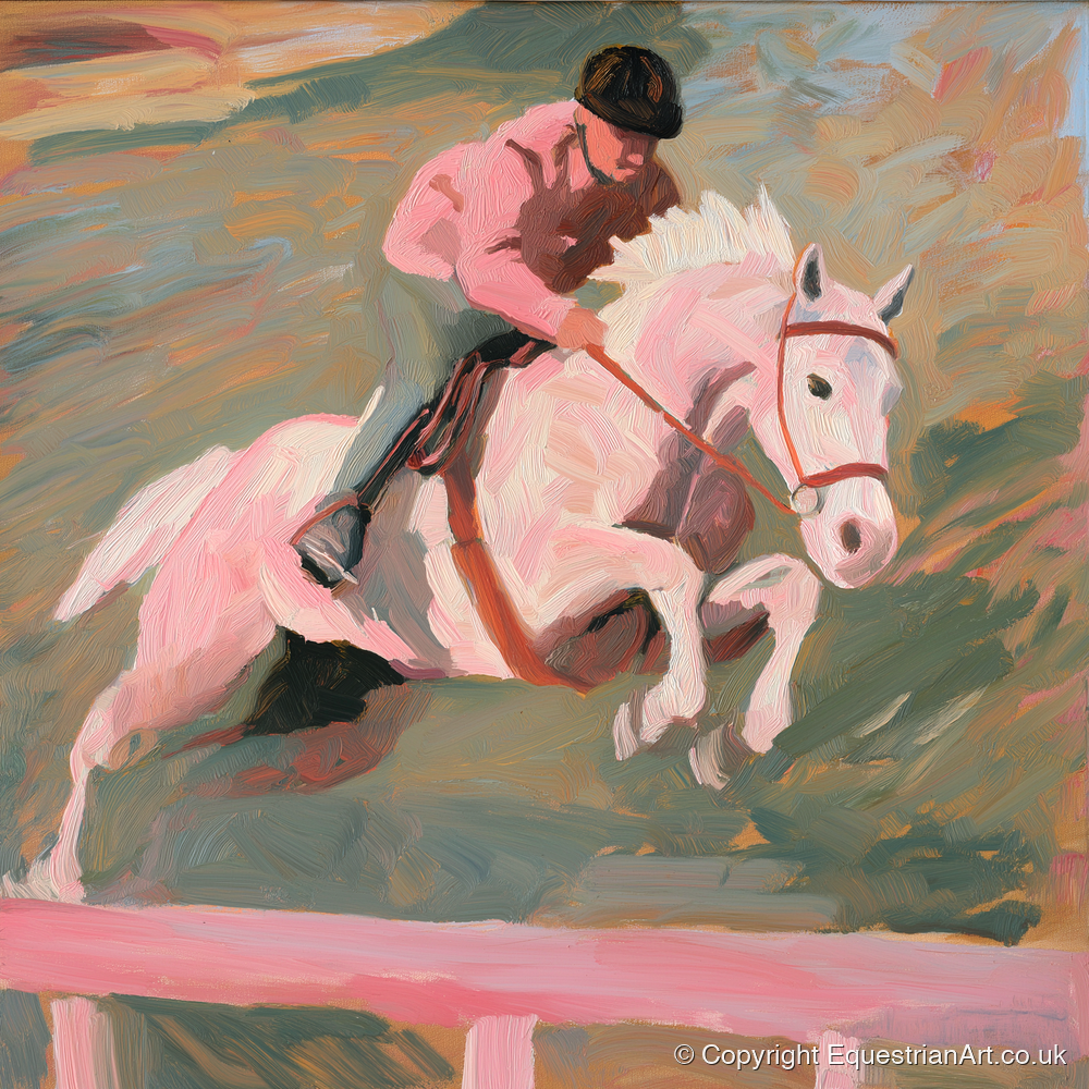 Airborne in Pastel - show jumping horse art print and canvas by Florence Hadley A.I