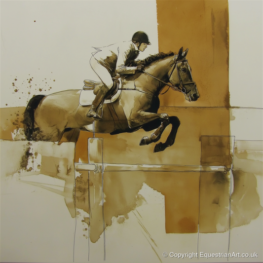 Airborne in Sepia - show jumping horse art print and canvas by Harrison Cole A.I