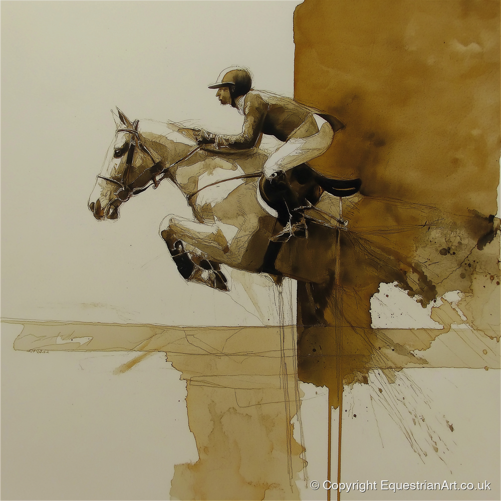 Airborne in Sepia - show jumping horse art print and canvas by Harrison Cole A.I