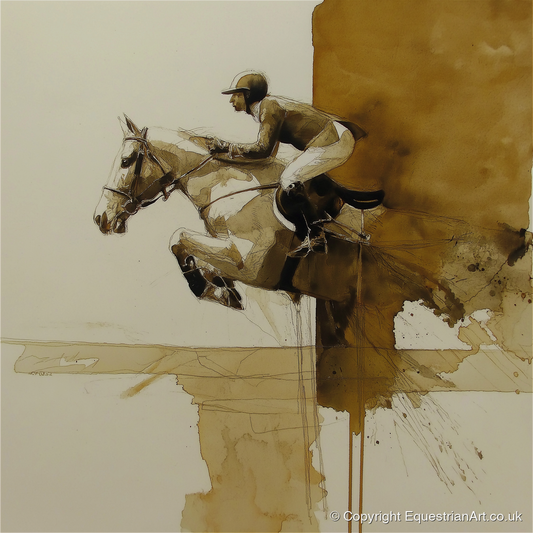 Airborne in Sepia - show jumping horse art print and canvas by Harrison Cole A.I
