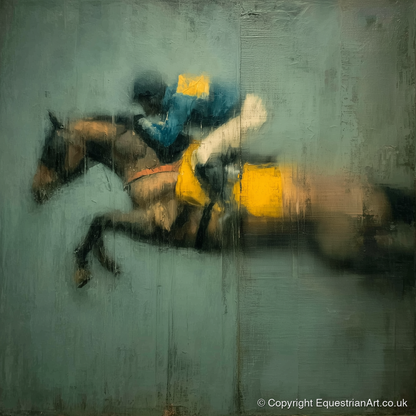 Airborne in Teal and Gold - show jumping horse art print and canvas by Alaric Townsend A.I