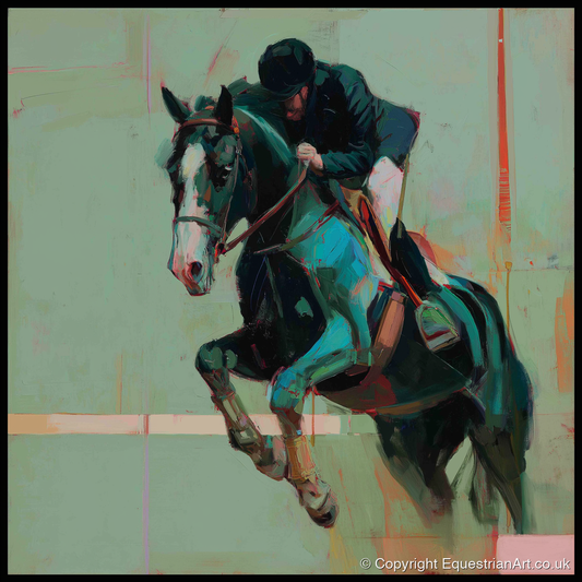 Airborne in Teal - show jumping horse art print and canvas by Quentin Hart A.I