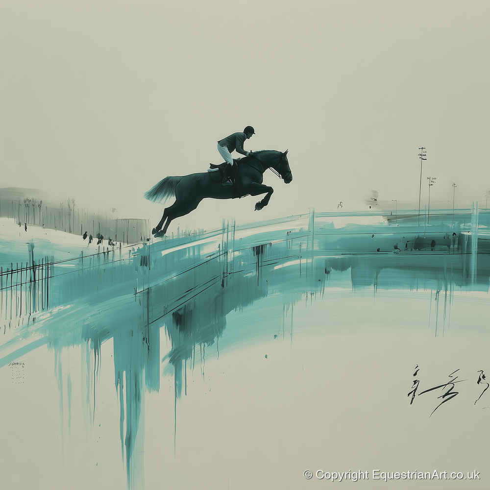Airborne in Teal - show jumping horse art print and canvas by Callum Ross A.I