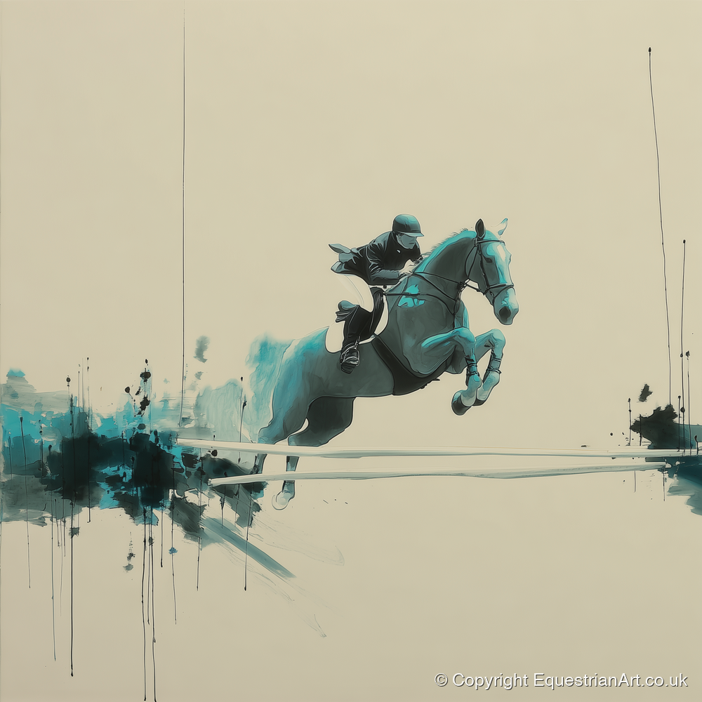 Airborne in Teal - show jumping horse art print and canvas by Callum Ross A.I