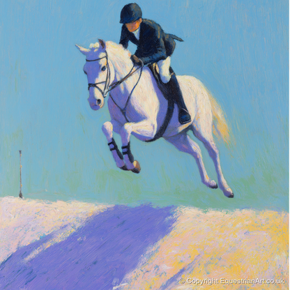 Airborne in Violet Light - show jumping horse art print and canvas by Imogen Spencer A.I
