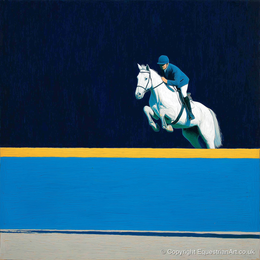 Airborne Over Azure - show jumping horse art print and canvas by Malcolm Hastings A.I