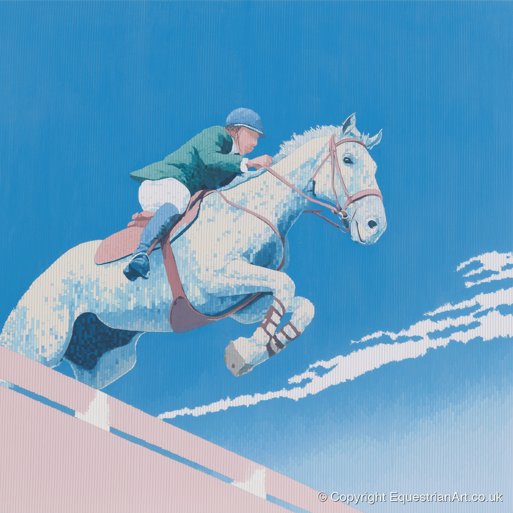 Airborne Over Blue - show jumping horse art print and canvas by Simon Whitlock A.I