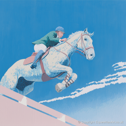 Airborne Over Blue - show jumping horse art print and canvas by Simon Whitlock A.I