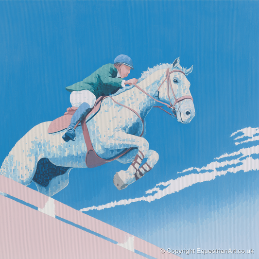 Airborne Over Blue - show jumping horse art print and canvas by Simon Whitlock A.I
