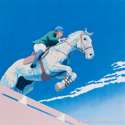 Airborne Over Blue - show jumping horse art print and canvas by Simon Whitlock A.I